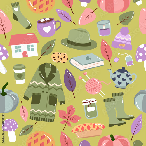 fall cartoon seamless pattern with autumn cute things on green background