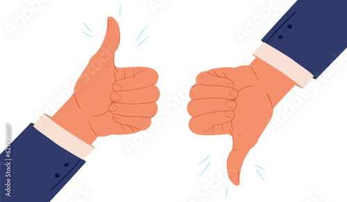 Cartoon thumb up and down gestures. Businessman hands with thumb up and down sign, agree and disagree, positive and negative gestures flat vector illustration