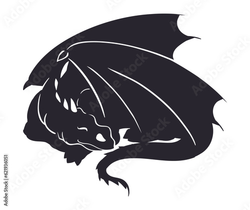Sleeping dragon silhouette. Cartoon winged fantasy reptile, fairy tale creature, resting magic dragon flat vector illustration