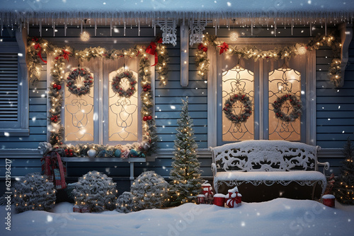 A small American house decorated for Christmas. AI Gemerated image. photo