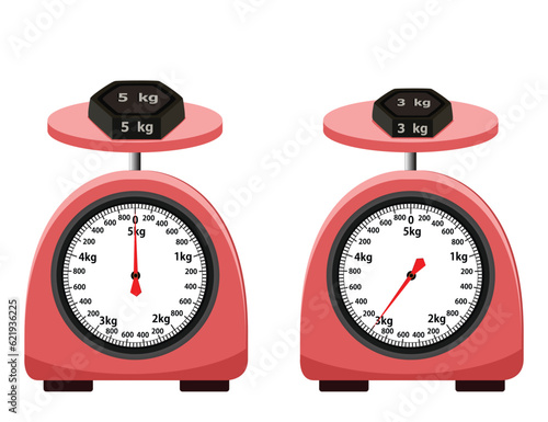 Analog scale. 5kg and 3kg weight stone. isolated on white background. vector illustration. measuring Analog scale clip art.