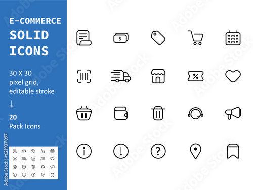 Ecommerce Line Icon Set, Minimal Vector Illustration, Simple Outline Sign of UI/UX, Editable Stroke