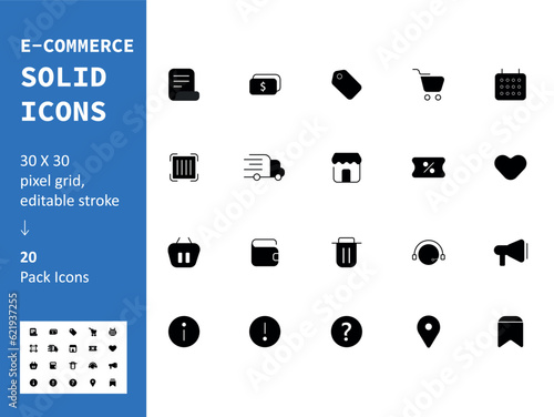 Ecommerce Solid Icon Set, Minimal Vector Illustration, Simple Outline Sign of UI/UX, Editable Stroke