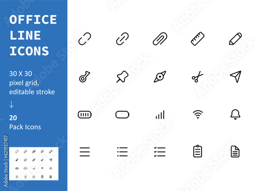 Office Line Icon Set, Minimal Vector Illustration, Simple Outline Sign of UI/UX, Editable Stroke