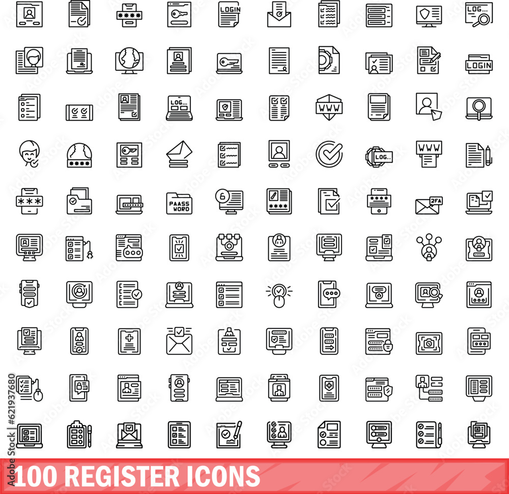 100 register icons set. Outline illustration of 100 register icons vector set isolated on white background
