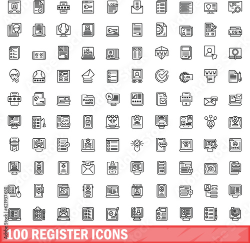 100 register icons set. Outline illustration of 100 register icons vector set isolated on white background