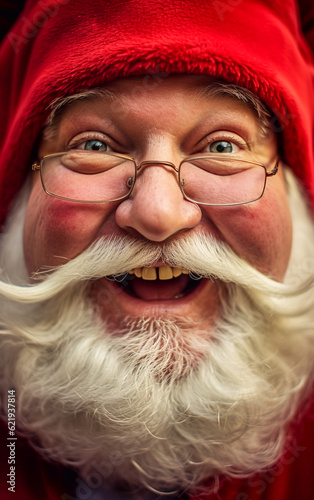 Close up portrait of a smiling, beaming and ruddy Santa Claus. Expresses joy and happiness