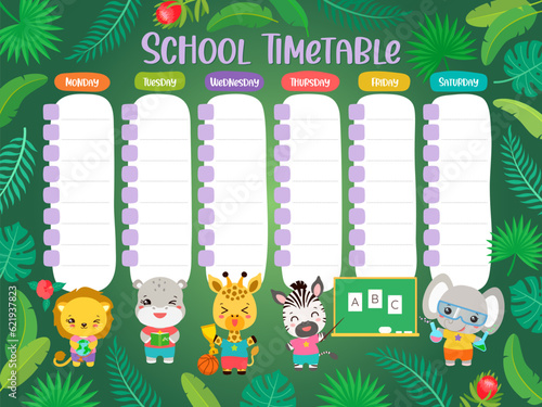 Timetable schedule elementary school. Weekly planner template for kids. Cartoon safari animals kawaii students. Green tropical leaves background. Back to school poster printable layout of time table.