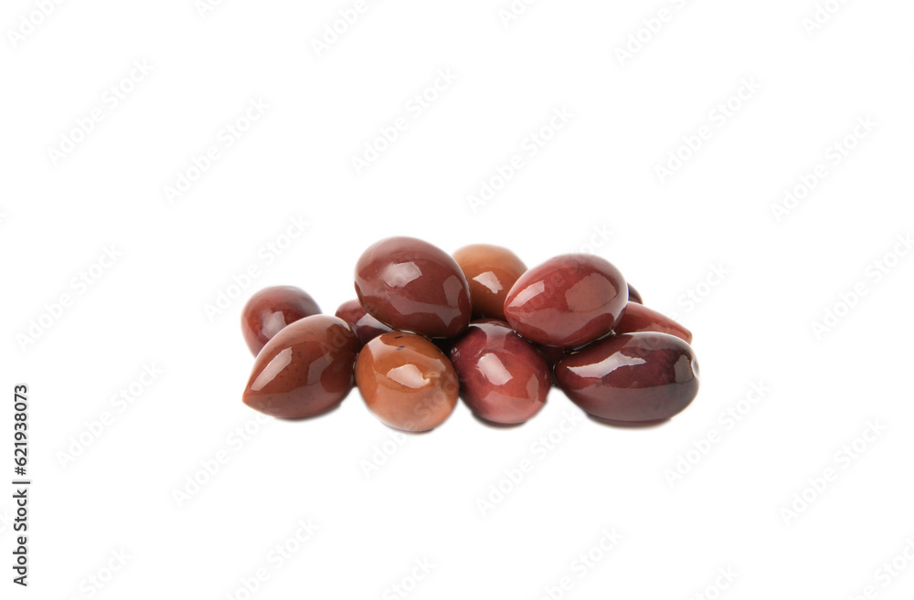 Delicious red olives isolated on white background. Olive and olive tree branches on a white table. Delicacy. Delicious red olives isolated on white background. Olive and olive tree branches on a white table. Delicacy.