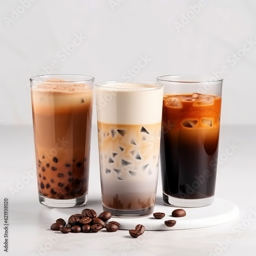 Cold coffee drinks on a white background. Three glasses with Cooling drink. photo
