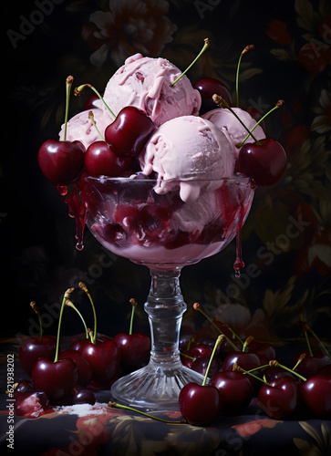 Realistic painting of cherry ice cream with whole frutes in a glass container. Still life style. Generative AI. photo