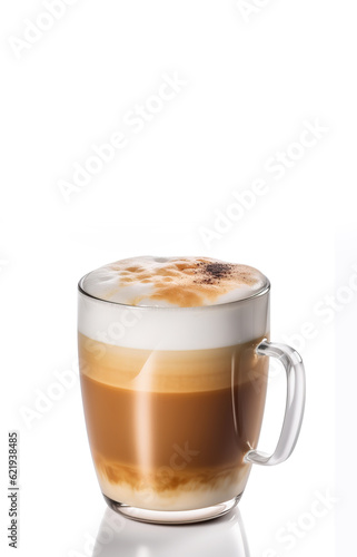 A glass of Latte on a white background. Vertical format for stories with space for text.