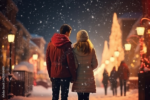 Loving couple walk on a face decorated for Christmas in a small European town. Back view. Image created by AI.