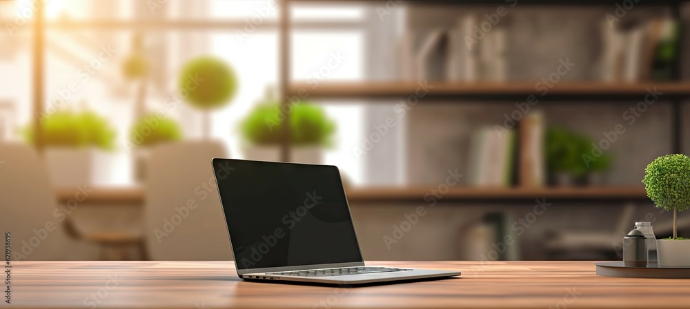 Professional workspace with laptop, desk, and shelves in home office interior design blur background Professional workspace with laptop, desk, and shelves in home office interior design blur background