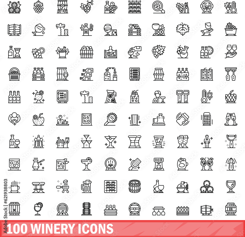 100 winery icons set. Outline illustration of 100 winery icons vector set isolated on white background 100 winery icons set. Outline illustration of 100 winery icons vector set isolated on white background