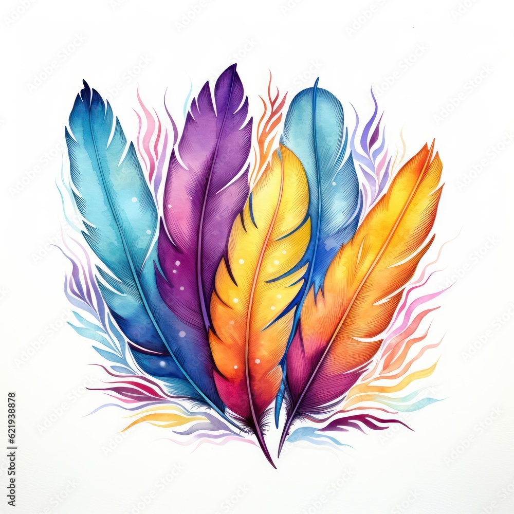  feathers not touching in a watercolor style with vibrant colors on a white background
