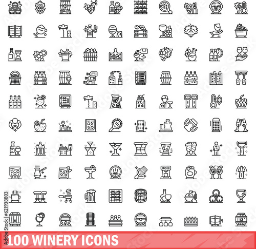 100 winery icons set. Outline illustration of 100 winery icons vector set isolated on white background