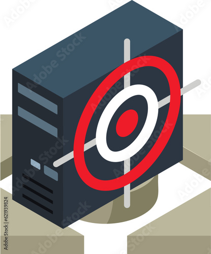 Information leakage icon isometric vector. Black system unit with round target. Data security, digital technology, cybercrime