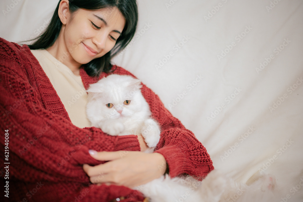 Young Asian woman in red sweater embracing her Persian cat in hug with smile of love and happiness, pet and owner relationship concept. Young Asian woman in red sweater embracing her Persian cat in hug with smile of love and happiness, pet and owner relationship concept.