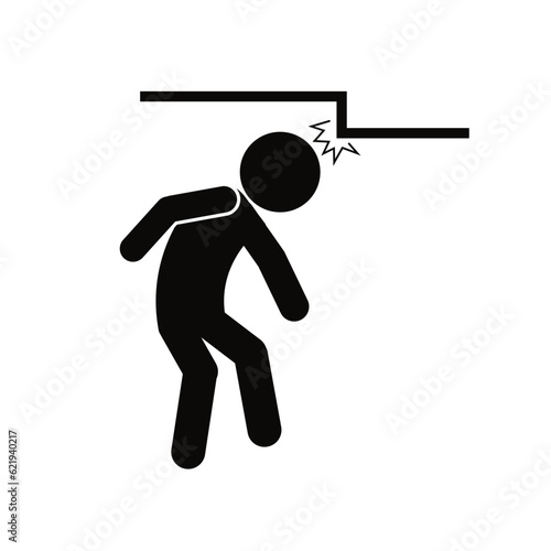Isolated illustration of man walking with head hit low ceiling for safety sign mind your head, low up ceiling caution, head lowering instruction, drop hazard