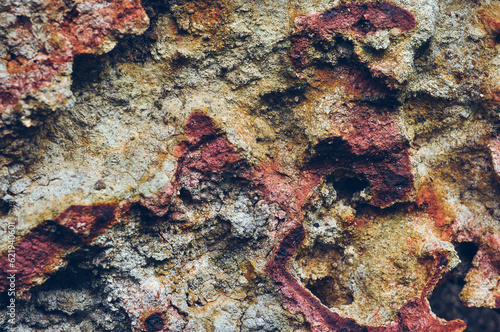 Grey  Abstract background of the shabby concrete wall surface with bright red yellow paint and mossy weathered parts