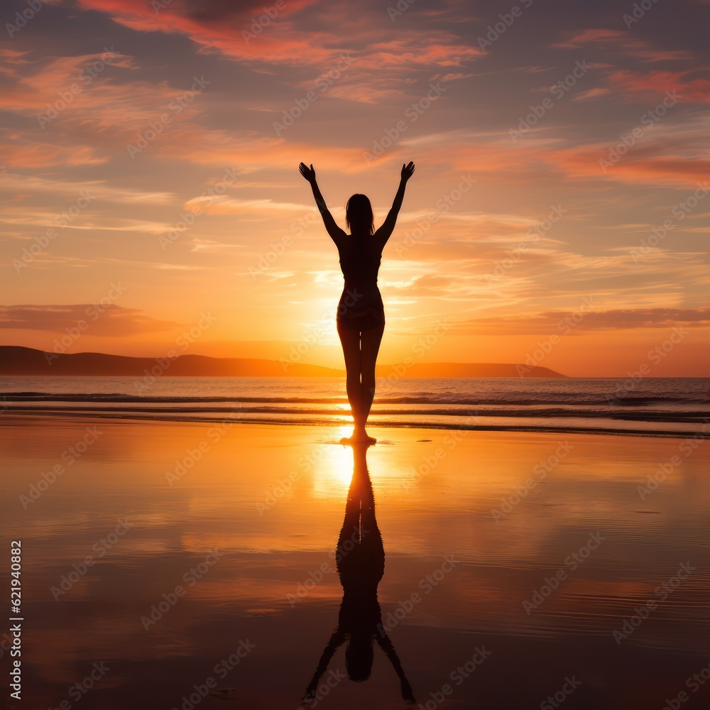  A picture of a woman practicing yoga on the beach at sunrise