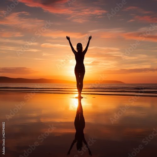  A picture of a woman practicing yoga on the beach at sunrise