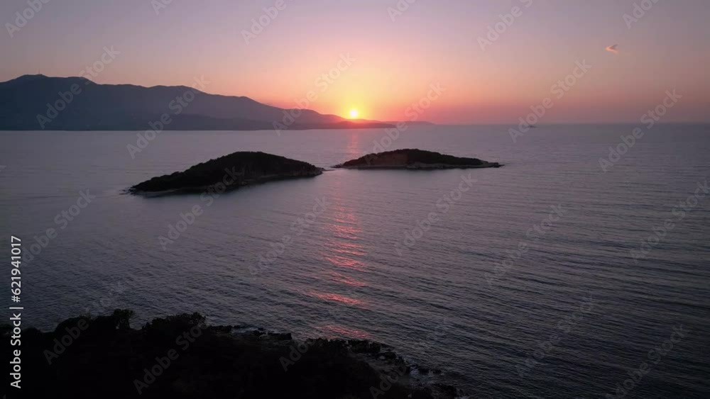 Aerial view of Ksamil islands and Corfu in background during sunset, Sarande, Albania. Aerial view of Ksamil islands and Corfu in background during sunset, Sarande, Albania.