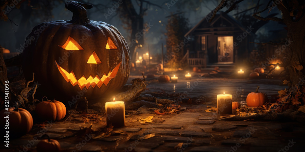 Obraz premium Smiling pumpkin at night background. Halloween concept. Generative ai.