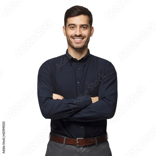 Modern businessman in deep blue shirt standing with crossed arms