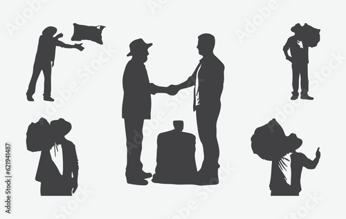 Agricultural Partnership in Action, Silhouettes of Farmer Carrying a Big Burlap and Young Farmer Shaking Hands