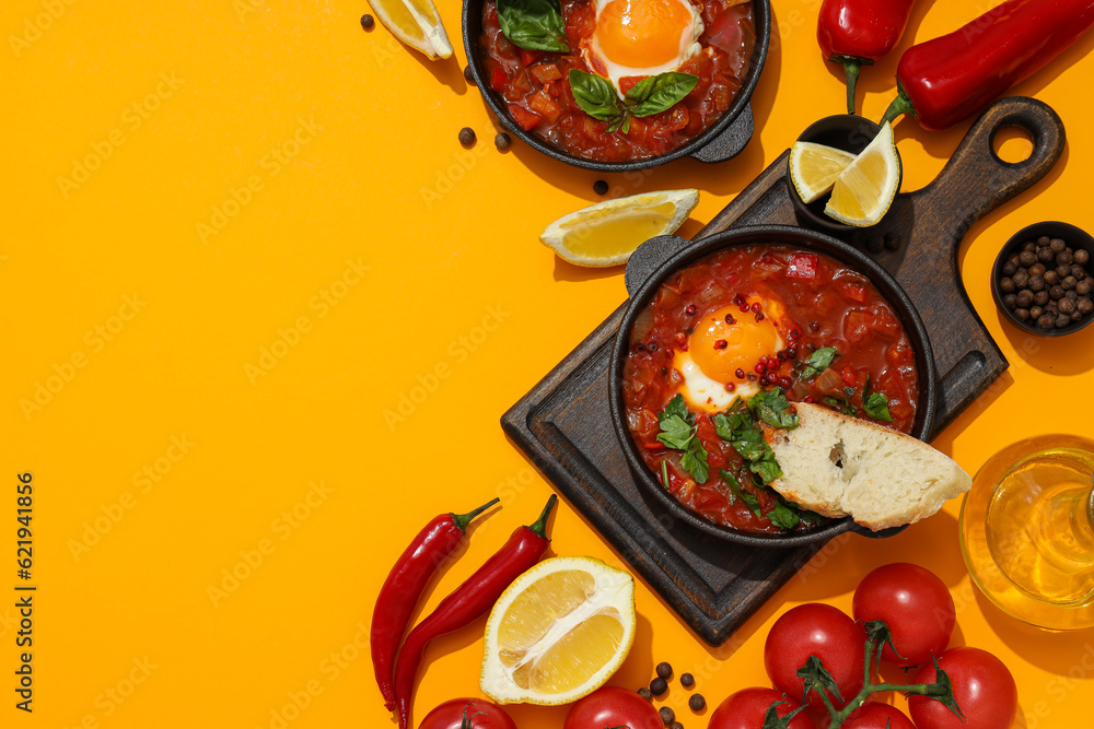 Pans with shakshuka on the board, slices of bread, tomatoes, spices on yellow background, space for text