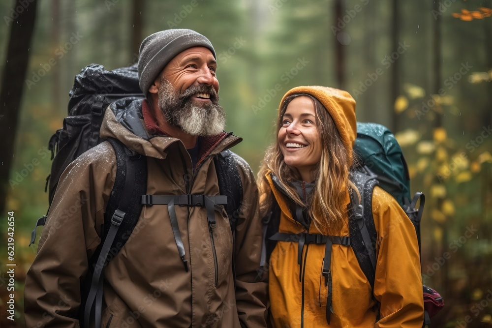Photorealistic image of a middle aged couple of hikers walk through the forest in rainy weather. Offline concept - digital detox. Leaving the digitalized world for nature.
