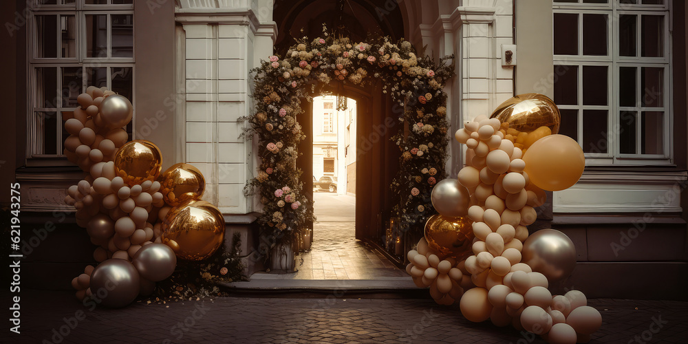 Arch of golden balloons and flowers decoration on the city street. Luxury. Grand Opening, solemn event concept. Holidays event, wedding ceremony,birthday celebration, anniversary, party.Generative ai Arch of golden balloons and flowers decoration on the city street. Luxury. Grand Opening, solemn event concept. Holidays event, wedding ceremony,birthday celebration, anniversary, party.Generative ai