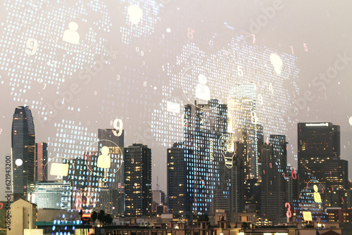 Wallpaper Mural Double exposure of social network icons interface and world map on Los Angeles office buildings background. Networking concept Torontodigital.ca