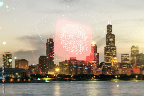 Double exposure of virtual creative fingerprint hologram on Chicago city skyscrapers background, research and development concept