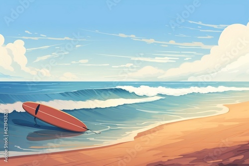 Riding the Waves Surfboard with Beach Illustration for International Surfing Day. Generative AI © Flowstudio