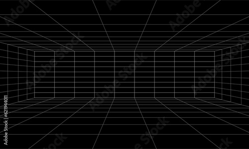 Empty futuristic digital box room grey-black background with white grid space line color surface. Network cyber technology. banner  cover  terrain  sci-fi  wireframe  and related to background.Synthwa
