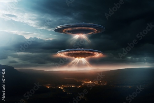 Cosmic Encounter Illustration of UFO and Earth in the Atmosphere. Generative AI