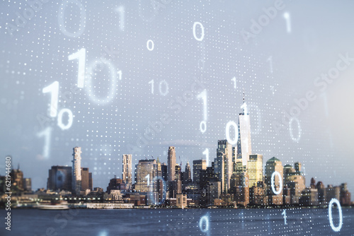 Photography Double exposure of abstract virtual binary code hologram on New York city skyscrapers background