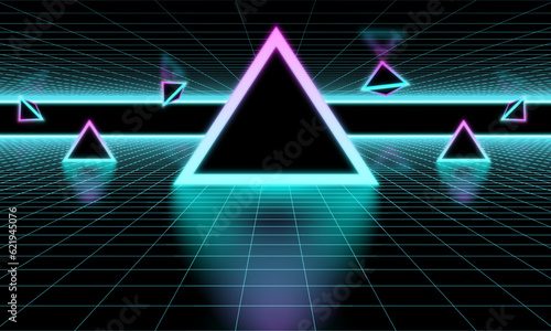 Synthwave wireframe net illustration. Abstract digital background. 80s, 90s Retro futurism, Retro wave cyber grid with glowing triangles. Deep space surfaces. Neon lights glowing. Starry background. V
