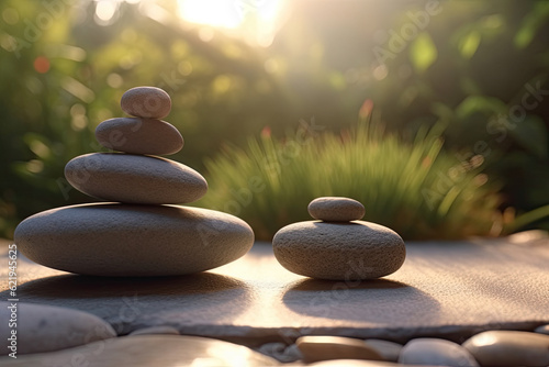 Zen stones garden meditation with sunset light