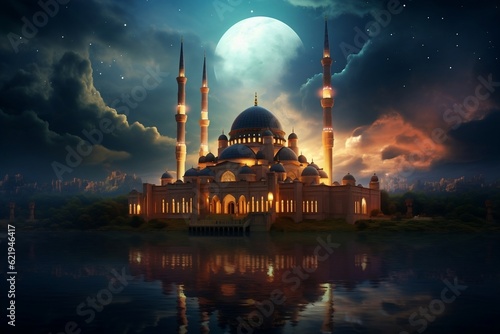 Graceful Mosque Beauty of the Sky and Crescent Moon, Generative AI