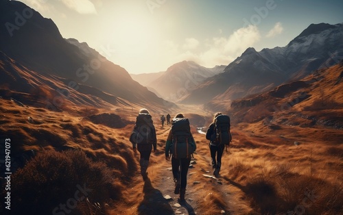 Friends Hiking through a Scenic Trail. Generative AI © Flowstudio