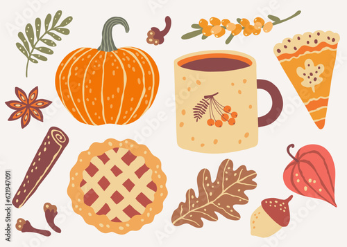 Thanksgiving holiday baking, spice, pumpkin and fall plants. Autumn mood clipart. Set of vector illustrations.