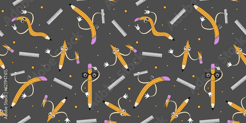 Seamless pattern with Funny School Characters isolated on gray background. Mascot Pencil endless ornament. Trendy Shcool supplies. Wallpaper and bed linen printing. Vector illustration