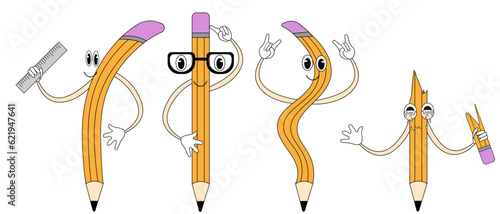 Set of Funny School Characters isolated on white background. Mascot Pencil collection. Trendy Shcool supplies. Template education poster. Vector illustration