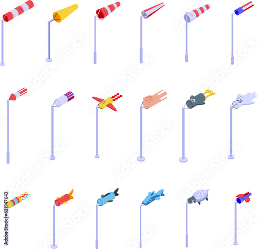 Windsock icons set isometric vector. Winter nature. Weather cloud