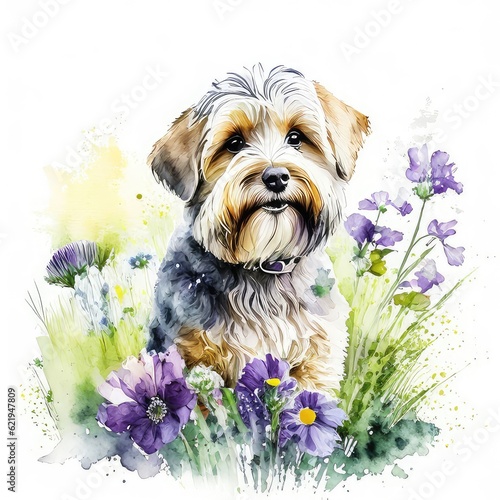 dandie dinmont terrier dog wild flowers water color on white background. photo