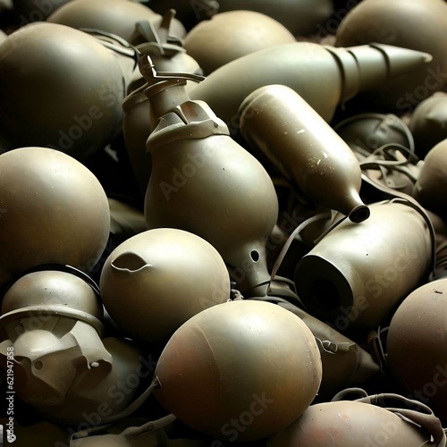 Close-Up Pile of Defused Combat Cluster Sub-munition Munitions Bombs Explosive Weapon Ground Launched / Dropped from Aircraft for Hitting Enemy Targets Dangerous Unexploded Ordnance, Smaller Explosive